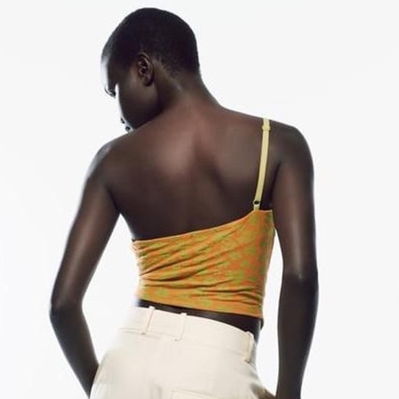 NWT Zara Asymmetric Jacquard Off the Shoulder Orange Green Floral Crop Top SZ L - Picture 3 of 11